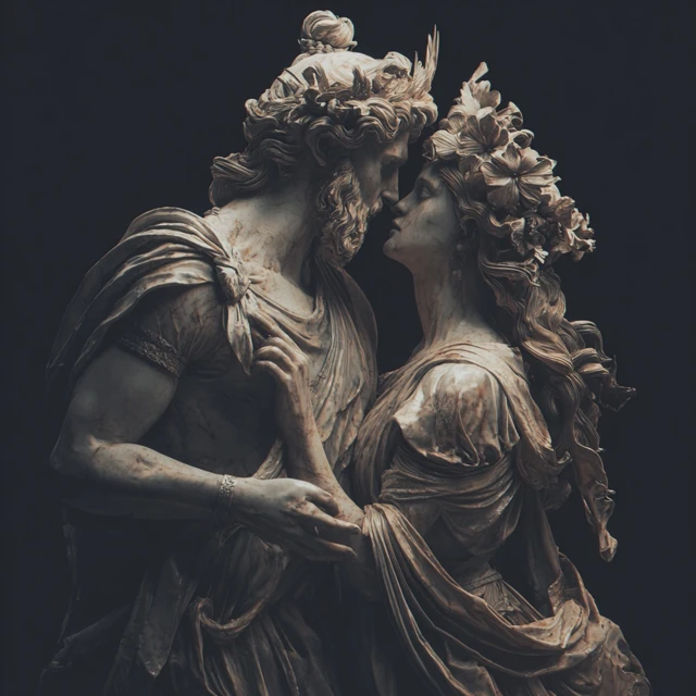 Greek God and Goddess Statue Embrace Dramatic Art