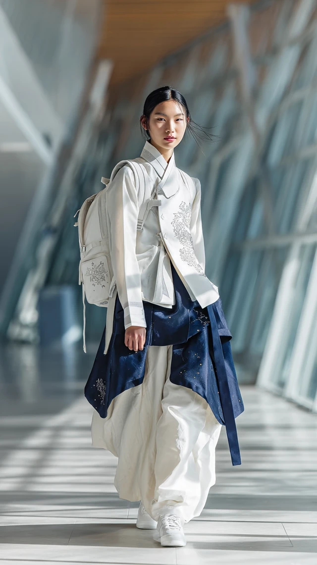 Korean Girl in Hanbok Style Uniform Futuristic School