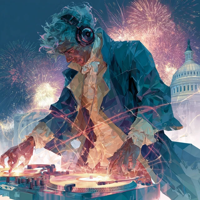 Patriotic DJ Spinning Vinyl with Fireworks Capitol