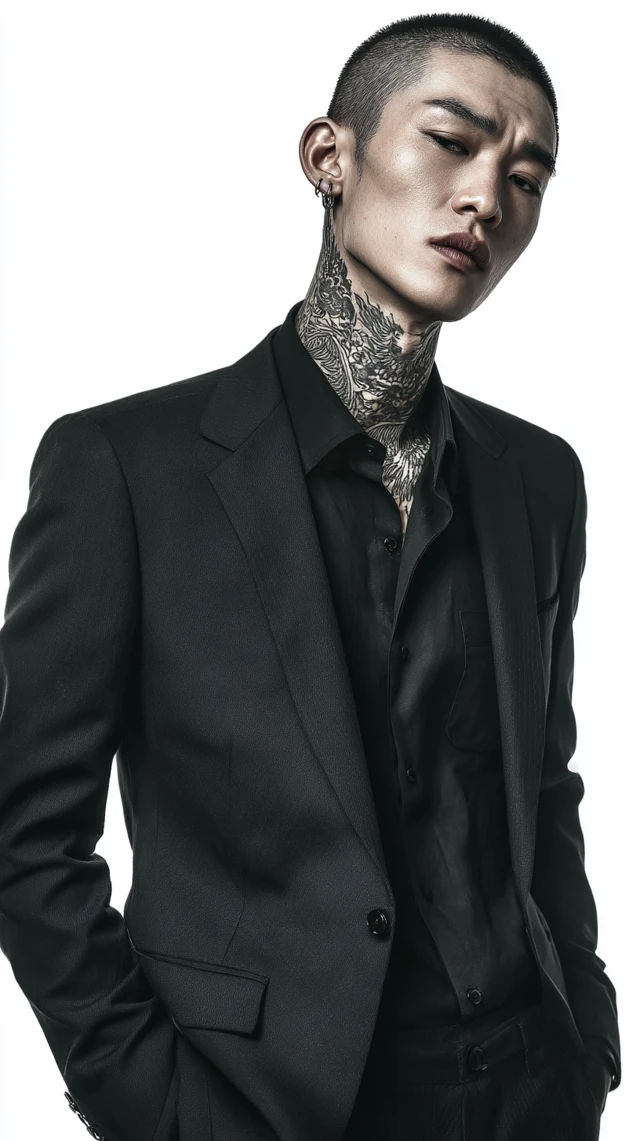 Handsome Chinese Man in Black Suit Dragon Tattoo