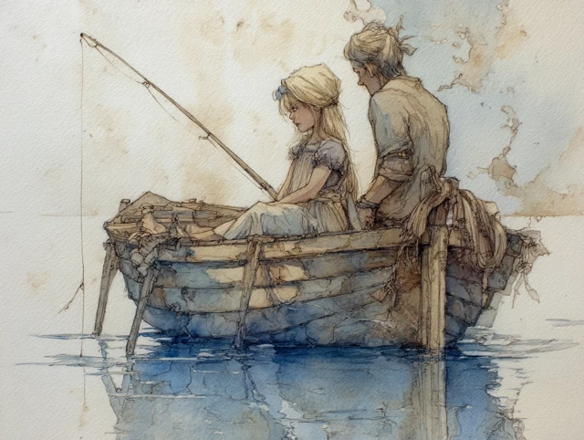 Father and Daughter Fishing in a Watercolour Boat