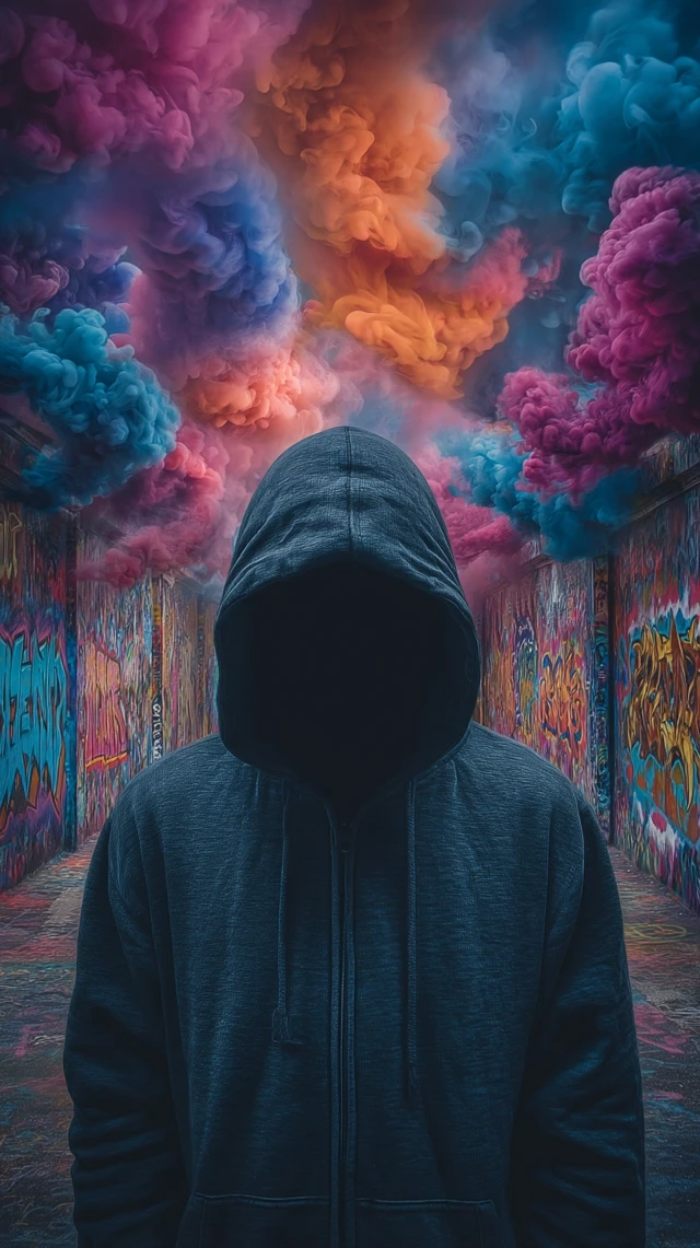 Mysterious Man in Graffiti Tunnel Cinematic Photo