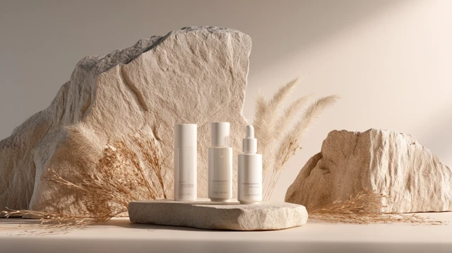 Minimalist Skincare Bottles in Natural Artistic Scene