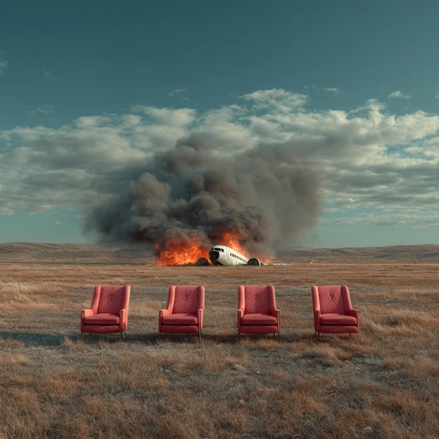 Burning Airplane and Red Seats on a Grassy Field