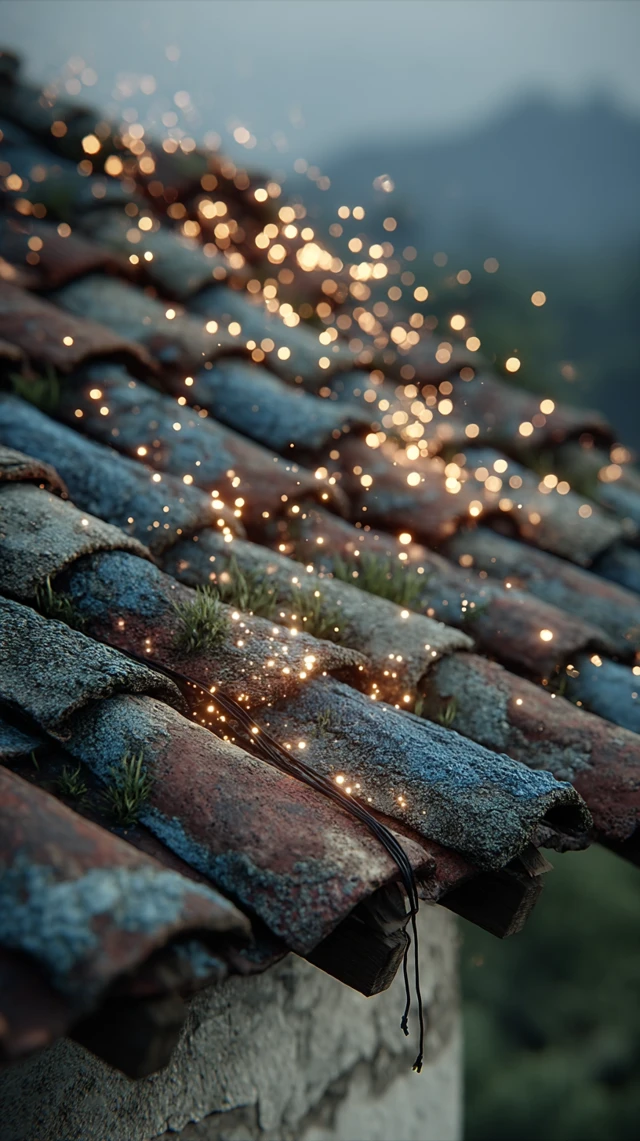 Electric Sparks on a Rustic Roof Cinematic Lighting