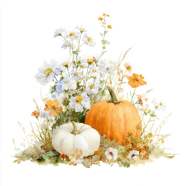 Watercolor Autumn Pumpkin and Wildflower Illustration