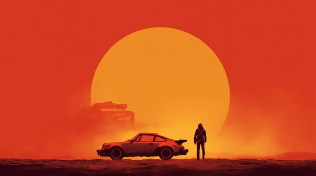 Retro Porsche Alien Sunset Scene