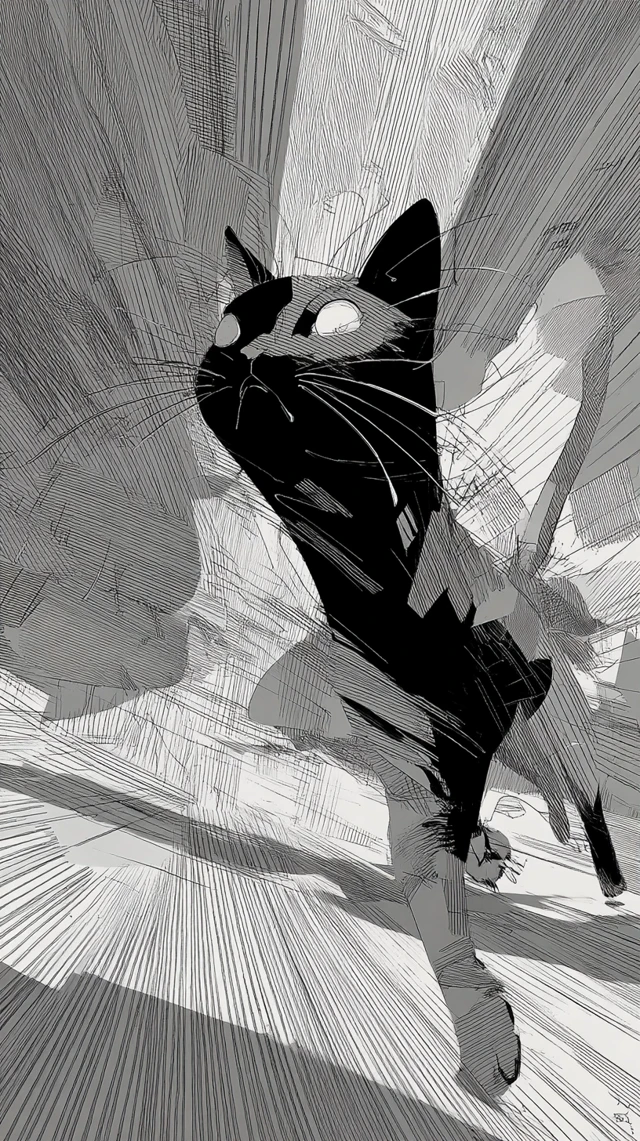 Epic Manga Cat Black and White Illustration