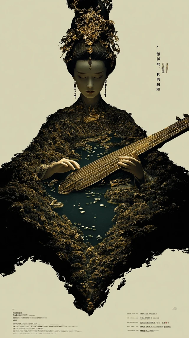 Tang Dynasty Lady Playing Guitar Art Poster