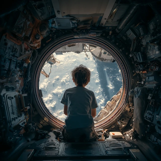 Child Astronaut on ISS Cupola View Earth