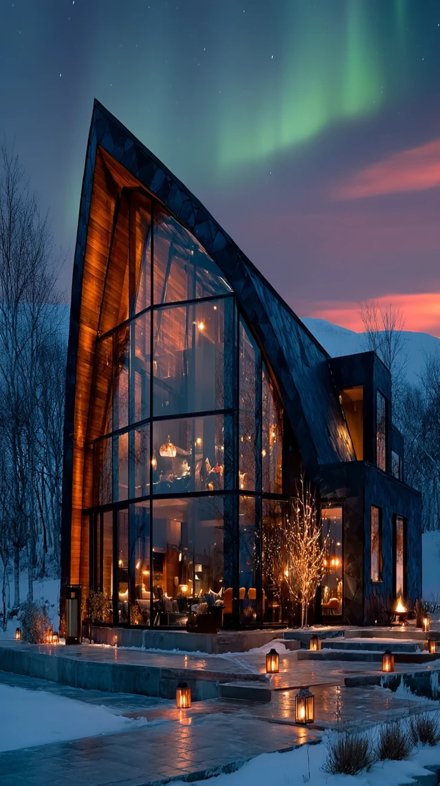 Scandinavian Home at Night with Aurora Borealis