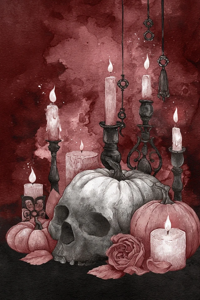 Halloween Gothic Illustration Skull Rose Pumpkin Candles