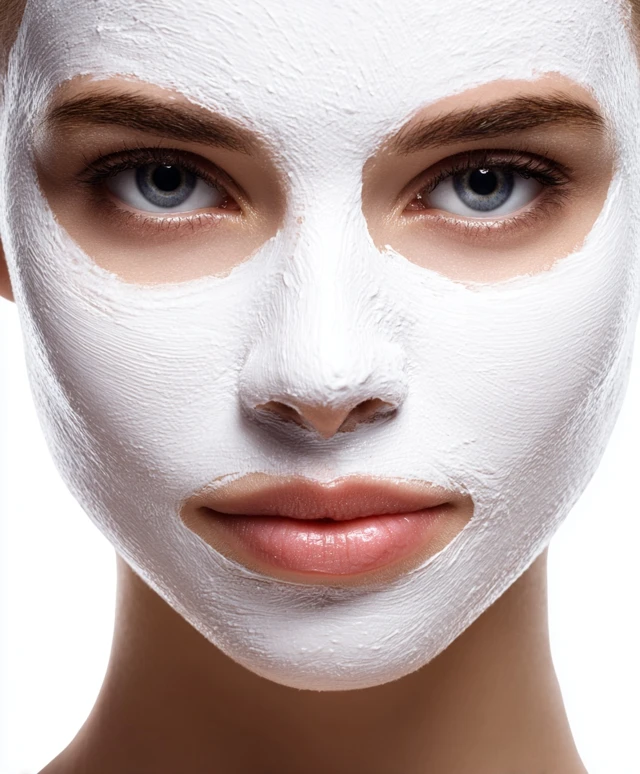 Female face with facial mask on white background