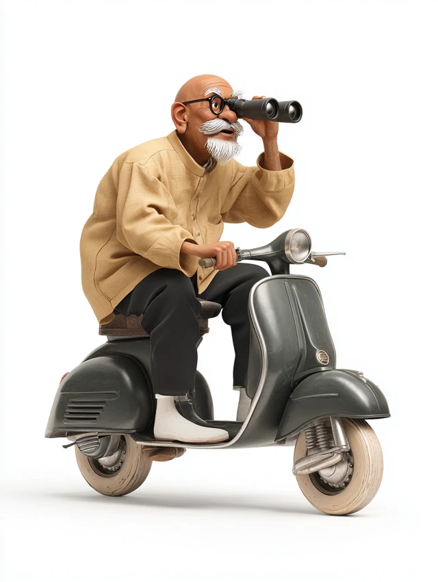 Indian Uncle on Scooter with Binoculars