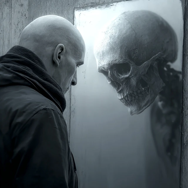 Man Sees Death in Mirror Close Up Surreal Art