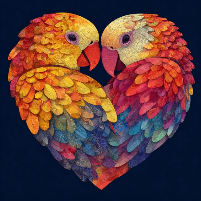 Klimt Style Parrots Kissing in Heart Cartoon Art