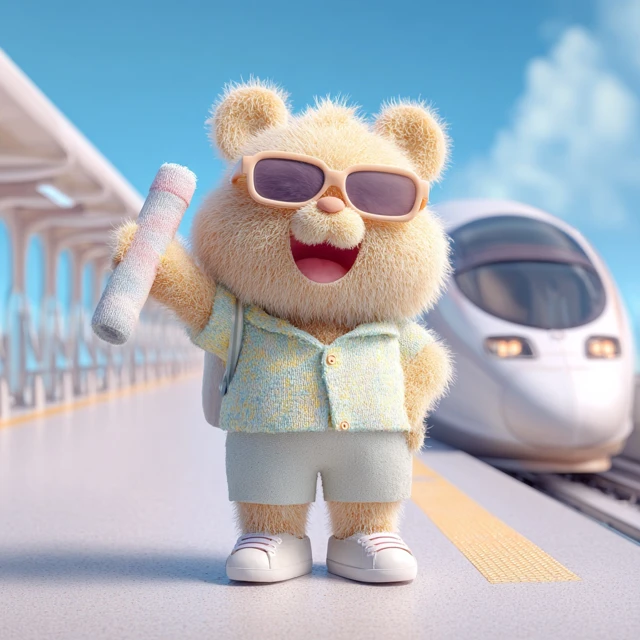 Fluffy Bear Character At Train Station 3D Illustration
