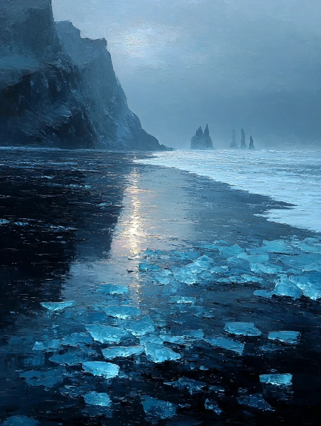Icelandic Beach Painting Ice on Black Sand