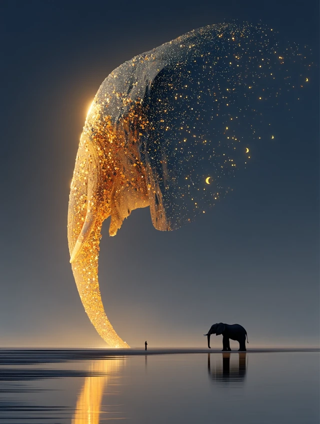 Dreamscape Elephant: Surrealist Golden Composition