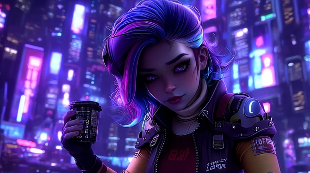 Cyberpunk Girl with Coffee in Neon City