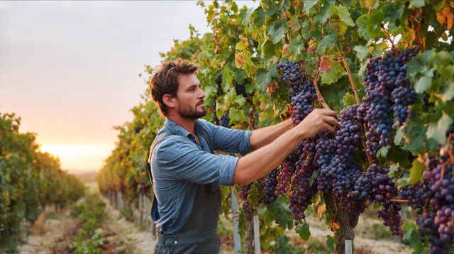 Man Harvesting Grapes in Vineyard at Sunset