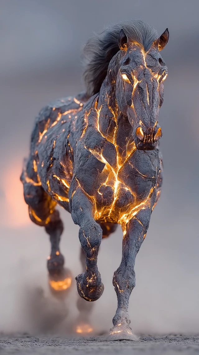 Majestic Lava Horse: Fiery Creature in a Volcanic Landscape