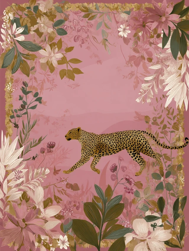 Leopard in a Botanical Pink Jungle Illustration