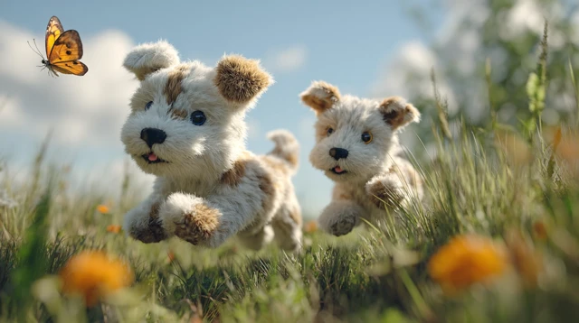 Stuffed Puppy Puppies Chasing a Butterfly 3D Animation