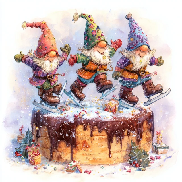Christmas Gnomes Ice Skating on Cake Watercolor
