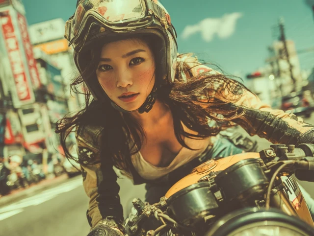 Japanese Woman on Retro Futuristic Motorbike Racing