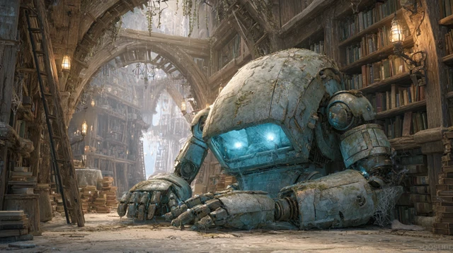 Sleeping Robot in Ancient Library Ghibli Inspired