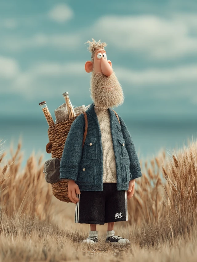 Stylized Cartoon Man with Backpack in Meadow