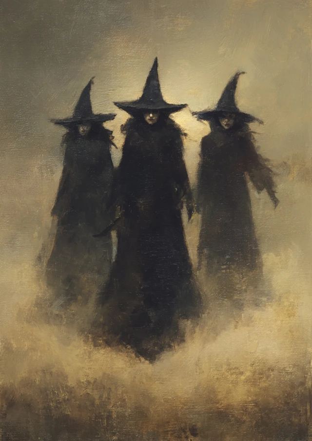 Three Witches in Fog Moody Oil Painting