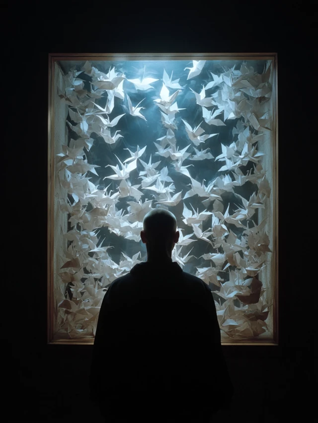 Man and Origami Cranes Surreal and Symbolic