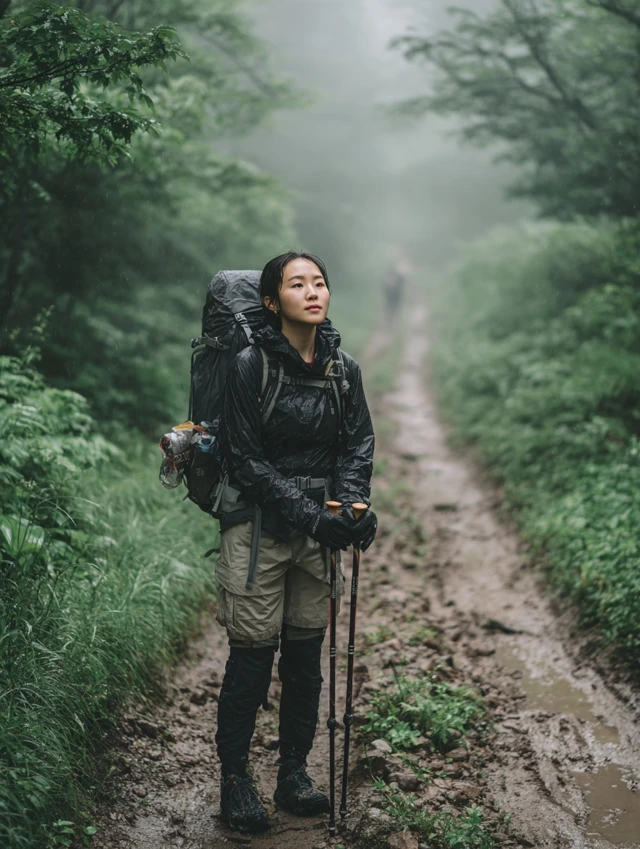 Korean Hiker in Misty Summer Mountain Hike