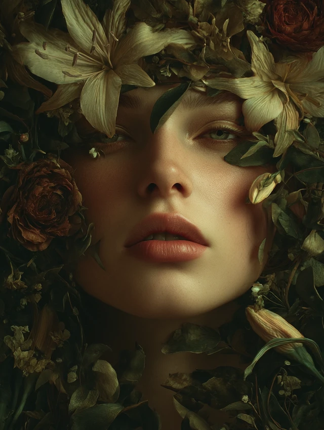 Surreal Woman Portrait Flowers and Foliage