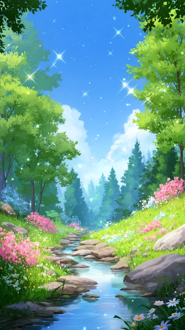 Anime Forest Stream Flowers Blue Sky Illustration