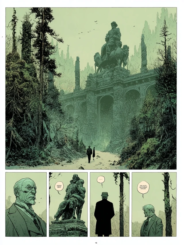 Comic Page Antique Statue in Ancient Forest