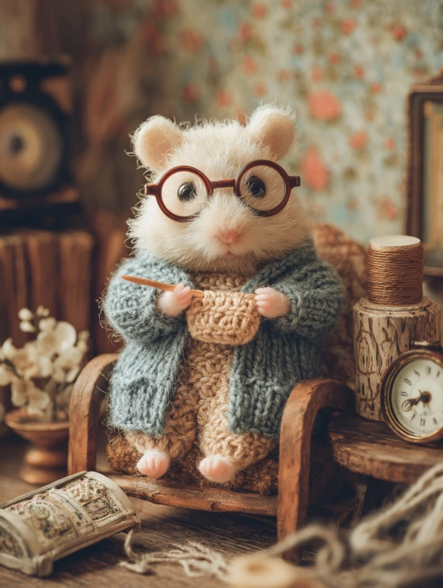 Cute Hamsters Crocheting Vintage Photograph