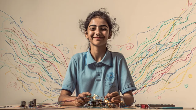 Young Inventor Girl Smiling With Robot