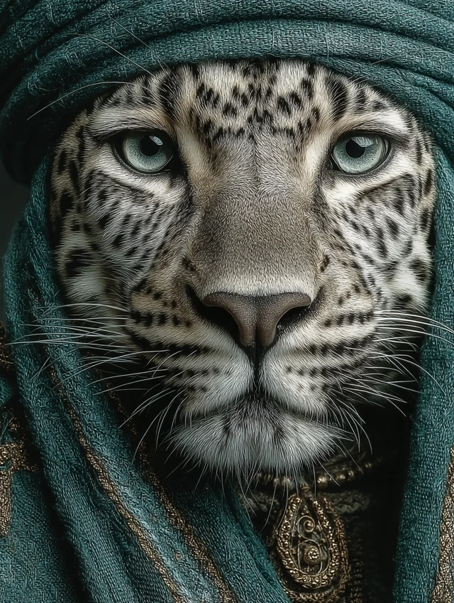 Jaguar Portrait in Green Cloak and Turban