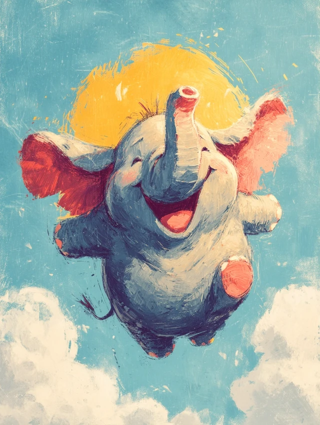 Flying Cartoon Elephant in the Sky - Happy Illustration