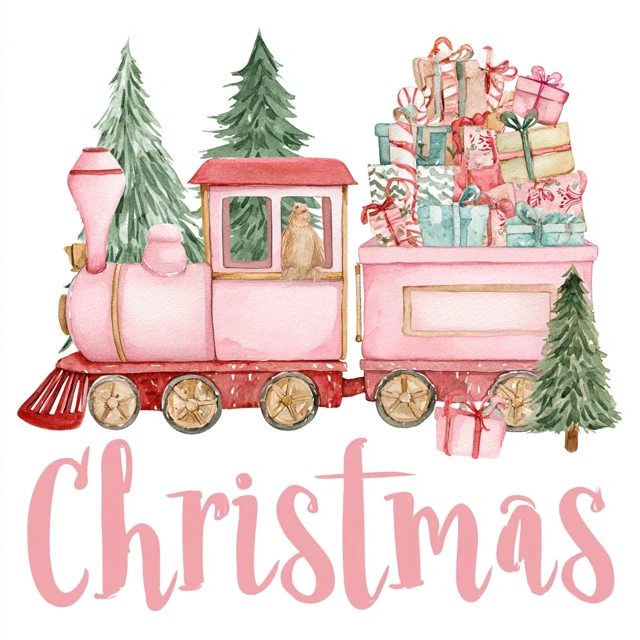 Christmas Watercolor Train Gifts Candy Canes