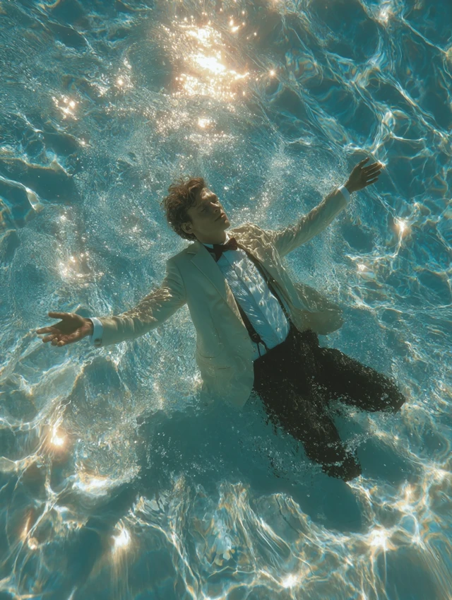 Man in Suit Floating Underwater Artistic Photo