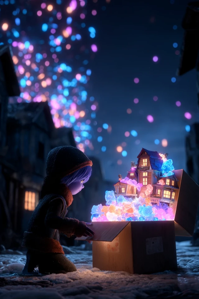Pixar Style Child and Magical Toy Box at Night