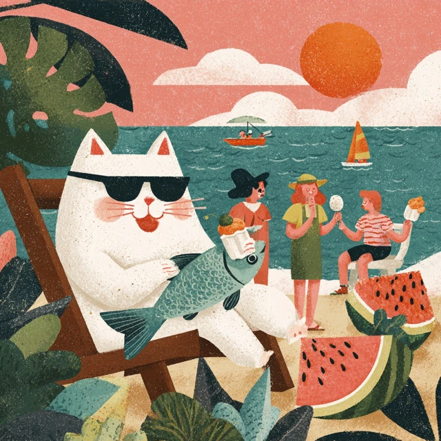 Cool Cat Summer Beach Illustration