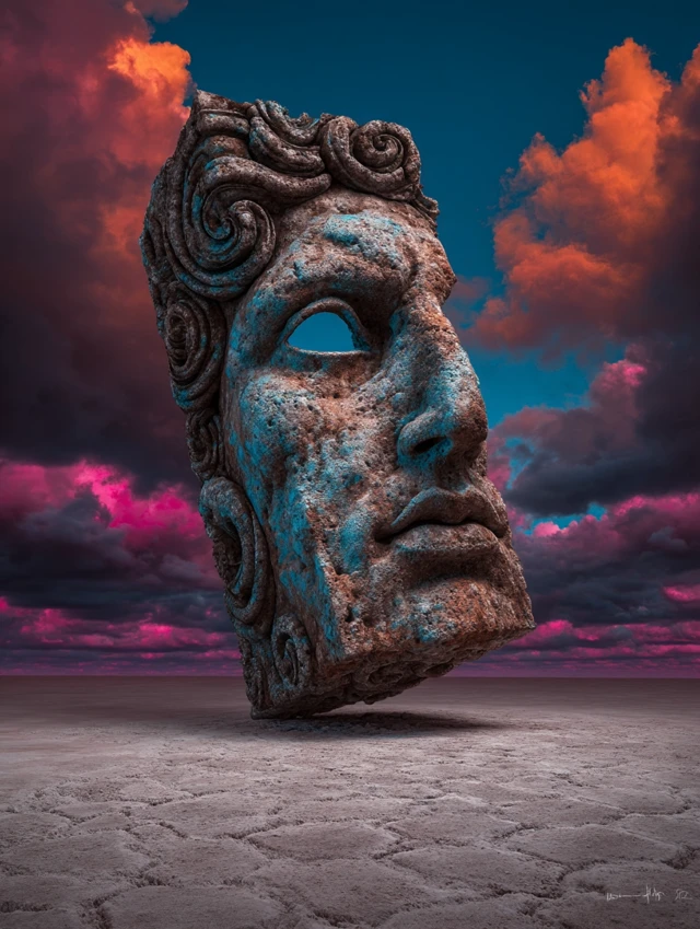 Surreal Cyborg Head Stone Sculpture Art
