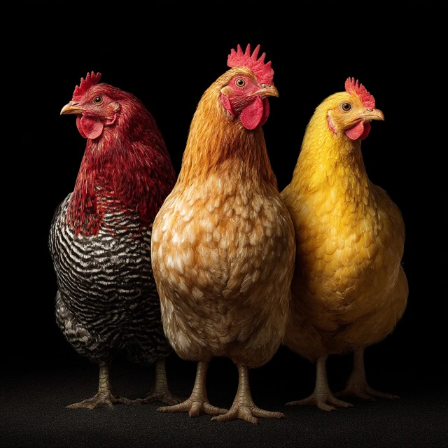 Three Chickens Isolated on Black Hyper Realistic Photo