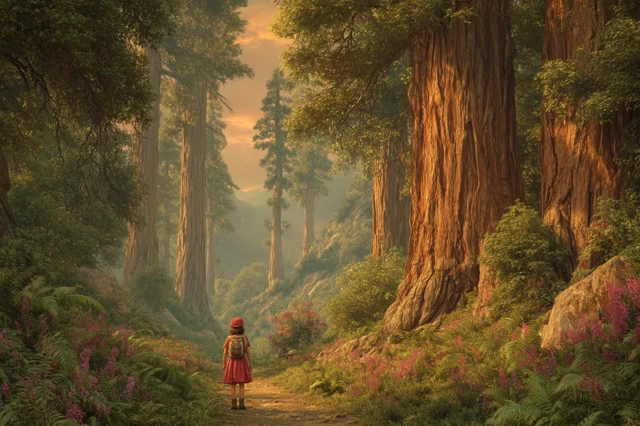 Girl Scout in Redwood Forest Golden Hour 3D Render