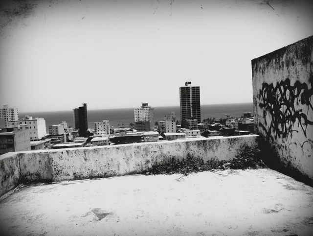 San Juan Rooftop View City Ocean Black and White